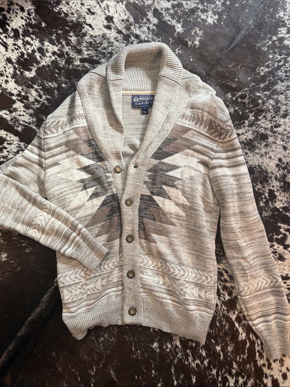 American Rag Neutral Grey Patterned Shawl Collar Cardigan